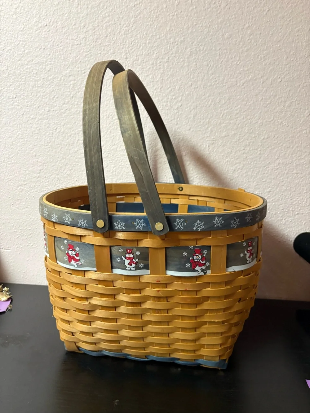 Rustic Snowman Christmas Woven Basket Double Handle Holiday Decor
